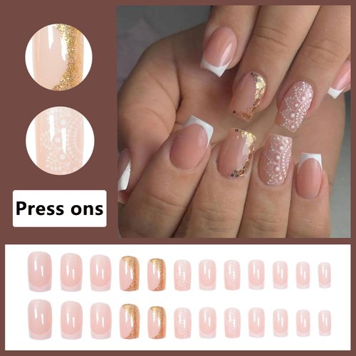 LoveOurHome 24pc French Tips Press on Nails Short Fake Nails Glitter Lace Glue on Nail Nude Acrylic Nails Press ons Nails Short Square False Nail Women Girls Artificial Fingernail with Adhesive Tabs
