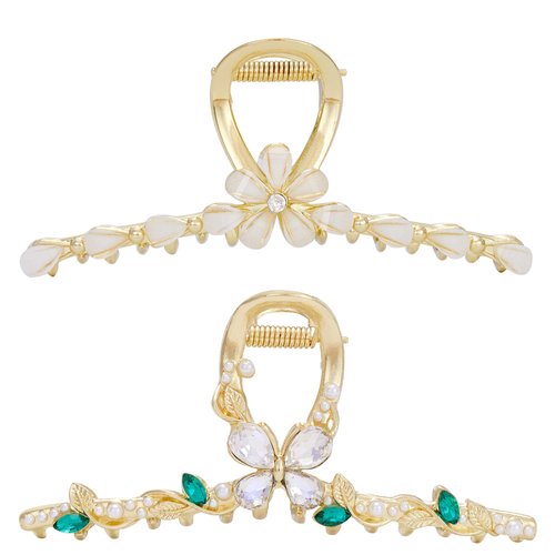 Crystal Hair Clips Flower Hair Claw Clips Emerald Metal Hair Barrettes Pearl Rhinestone Non-Slip Barrettes Jaw Hair Styling Grip Clamps for Women Ladies