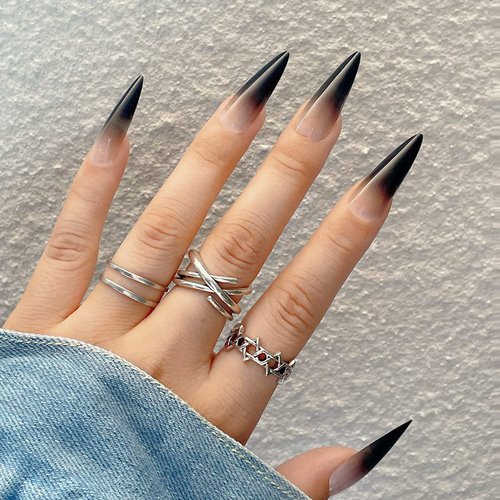 DOCVOEOMH 24Pcs Black Gradient Press on Nails Stiletto Glossy Long Fake Nails Almond Glue on Nail...