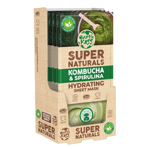 Earth Kiss Super Naturals Hydrating Sheet Mask, Kombucha & Spirulina, Organic, 100% Vegan, Cruelty Free, 1 Count (Pack of 12)