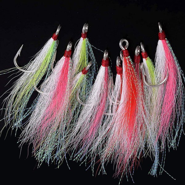 Bucktail Teasers Fishing Hooks Saltwater Fluke Flounder Rig Fishing Hooks Bucktail Mylar Teasers Inserted for Catfish Cod Flounder Fluke Hi/Lo Rig Three Colors 6/12pcs