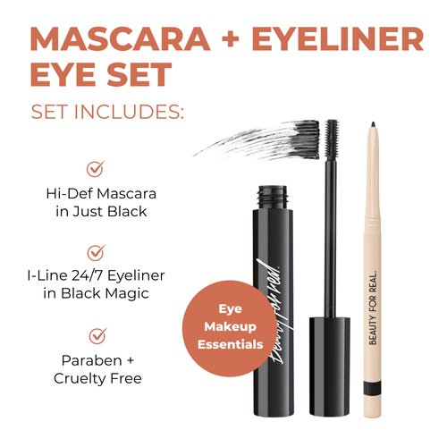 Beauty For Real I-Line 24-7 Eyeliner (Black Magic) & Hi-Def Mascara (Just Black) Set - Long-Wearing, Waterproof Gel Eyeliner + Defining & Volumizing Lash Definer - 1.1 oz