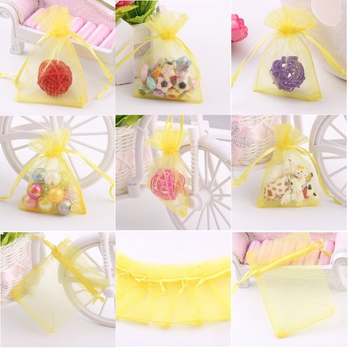 Wuligirl 100pcs Sheer Organza Bag 4X6 with Drawstring Jewelry Pouches Bags for Party Wedding Favor Candy Seashell Gift Bags (Yellow)