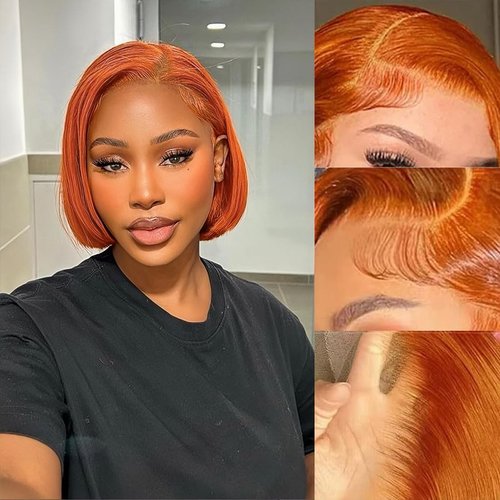 RQY Ginger Bob Lace Front Wigs Human Hair 8inch 13X4 Short Straight Lace Front Wigs 180% Density ...