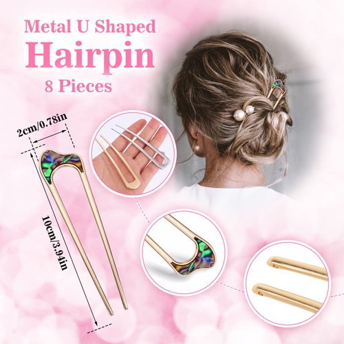 Yolev 8 Pieces U-shaped French Hair Pins Metal Chignon Hair Pins Acetate 2 Prong Bun Updo Hair Fork Hair Sticks Hairstyle Accessories for Women