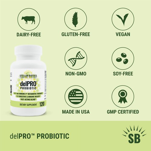 Del-Immune V® + Delpro Probiotic & Prebiotic Blend by Stellar Biotics - Promotes Optimal Gut Health, Digestion, Immune Support & Mood (120 Capsules)