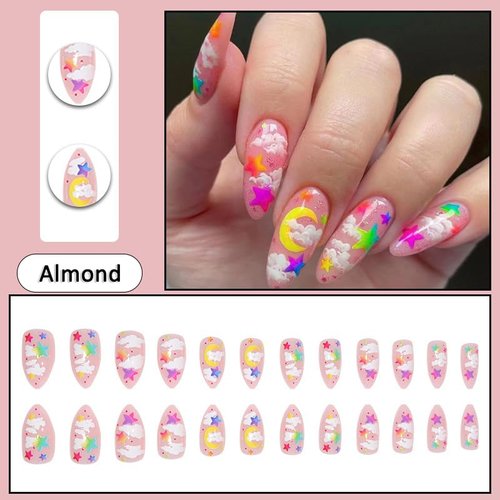 BAOYAALIN Colorful Almond Shaped Press on Nails Medium Fake Nails with Star Moon Design Glitter Full Cover False Acrylic Glue Stick on Nail for Women Girls 24Pcs