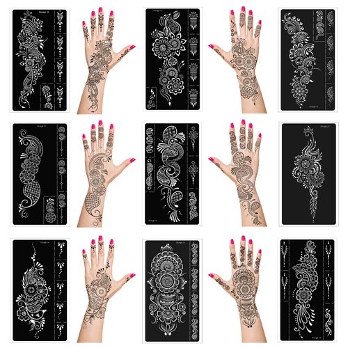 Mzstgh Henna Tattoo Stencils kit,Temporary Tattoos Stencils Reusable Henna Tattoo kit for Hand Forearm Airbrush Tattooing Template, Indian Temporary Tattoo Stickers