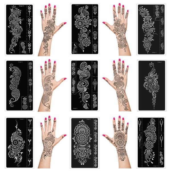 Mzstgh Henna Tattoo Stencils kit,Temporary Tattoos Stencils Reusable Henna Tattoo kit for Hand Forearm Airbrush Tattooing Template, Indian Temporary Tattoo Stickers