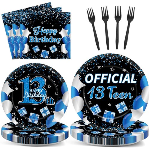 100 Pcs 13th Birthday Decorations for Boys Official Teen 13th Supplies Plates Napkins Forks Set Disposable Blue 13th Birthday Tableware Paper Plates Dinnerware for Kids Teenager Favors Serve 25