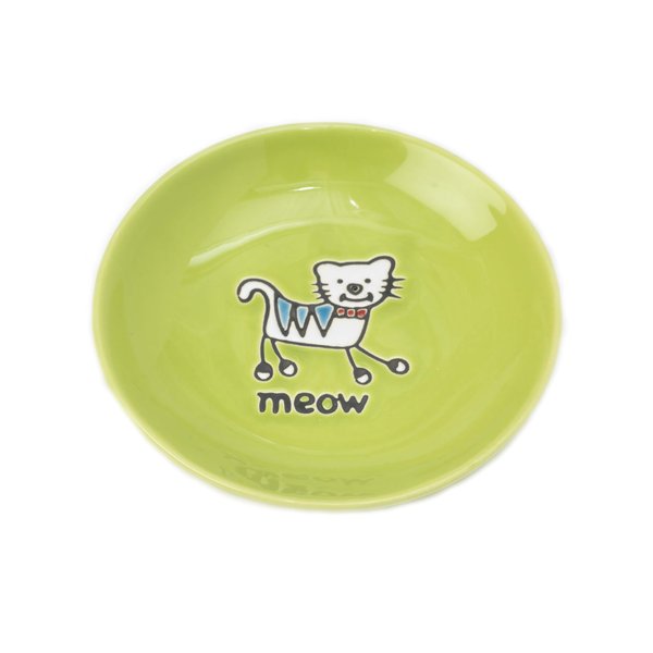 PetRageous 11036 Silly Kitty Dishwasher and Microwave Stoneware Cat Saucer 5-Inch Diameter 2.5-Ounce Capacity for Wet or Dry Cat Food Great For All Cats, Lime Green