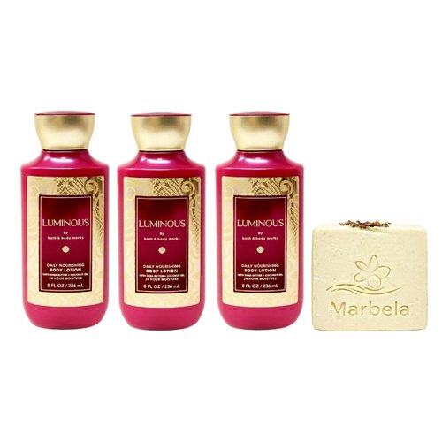 Bath & Body Works Luminous 3 Pack Daily Nourishing Body Lotion Gift Set with a Creamy Rose Bar Soap - Full Size