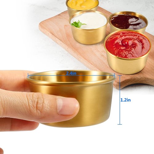 Amytalk Ramekin Sauce Dipping Bowl Mini Sauce Cups Pudding Condiment Cups for Home Party Stainless Steel (Golden 12PCS 75ml)