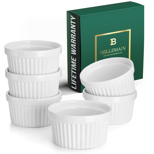 Bellemain Creme Brulee 4 oz Ramekins | Mini Casserole Dish Set, Charcuterie Bowls, Pot Pie Baking Dishes, Souffle Cups, Soy Sauce Bowls | Fluted Porcelain Bowls, Oven Safe to 500F, Set of 6 (White)