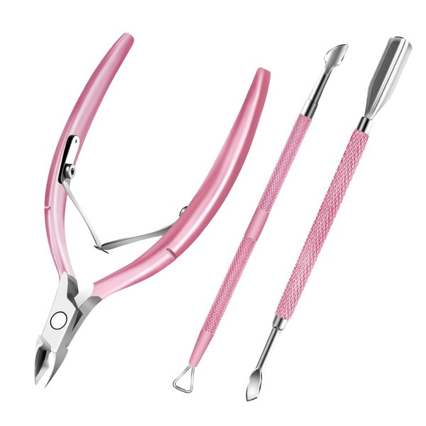 Cuticle Trimmer with Cuticle Pusher and Scissors, Cuticle Remover Professional Durable Pedicure Manicure Tools, Stainless Steel Cuticle Nipper Cutter Clipper for Fingernails and Toenails (Pink)