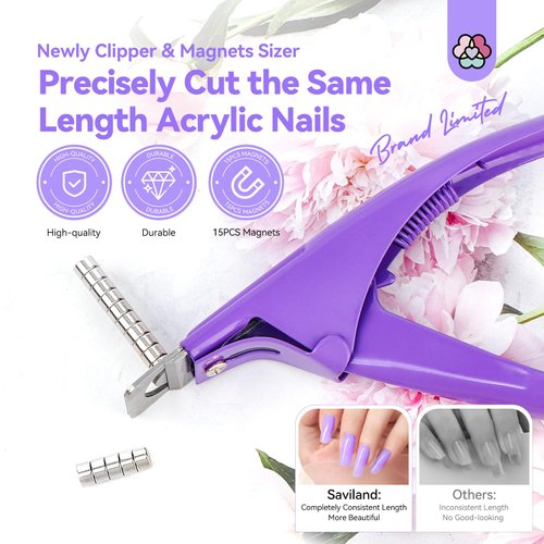 Saviland Acrylic Nail Clippers with Magnets: Purple Nail Clipper for Acrylic Nails Cutter with Sizer Magnets 15PCS Sharp Professional Fake Nails Stainless Nail Trimmer Manicure Tool Women Salon Home