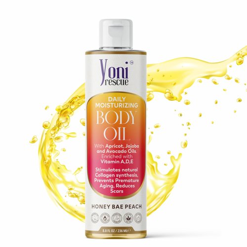 Yoni Rescue Daily Skin Moisturizing Body Oil with Apricot, Jojoba, Avocado Oil & Vitamin E Oil | Hydrating & Nourishing Bath Oil for all Skins | After Shower Oil 8oz Honey Bae Peach Scented Oil