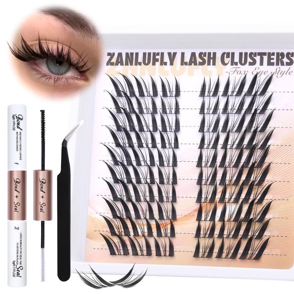 Lash Clusters Kit Fox Eye Manga Lash Extension Kit Natural Individual Lashes Kit Wispy Cat Eye DIY Eyelashes Clusters Extension Kit with Lash Bond and Seal Lash Applicator