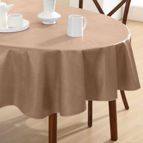 Newbridge Basketweave Solid Color Vinyl Flannel Backed Tablecloth, Basket Weave Textured Look Indoor/Outdoor Waterproof Tablecloth, Patio and Kitchen Dining, 60 Inch x 84 Inch Oval, Taupe