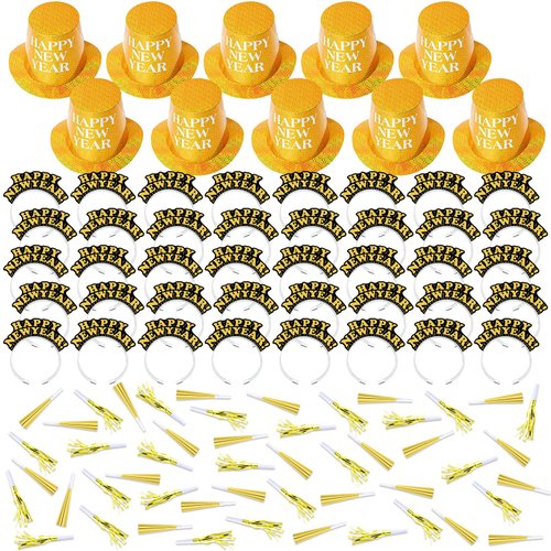 Shappy 100 Pcs New Years Eve Party Supplies New Year's Eve Party Kit 10 New Years Party Top Hat 40 Tiara 50 Noisemaker Decor(Gold)