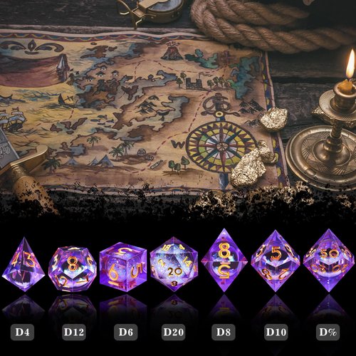 AUSTOR Liquid Core Resin DND Dice Sharp Edge Polyhedral Dice 7-Die DND Dice Set Quicksand Handmade Resin Dice for Dungeons and Dragons RPG MTG Table Games, Violet