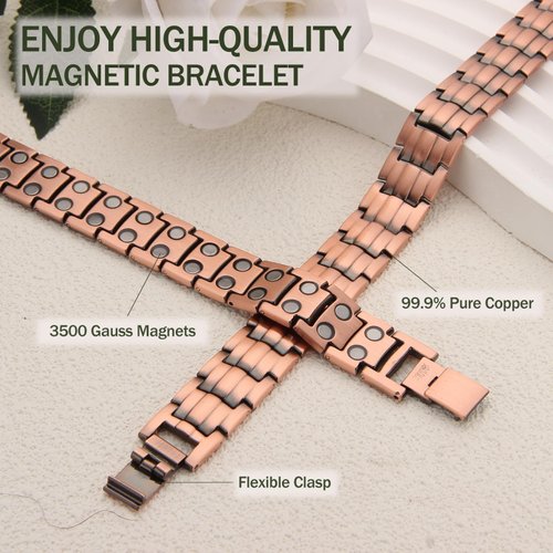 MagEnergy Mens Copper Magnetic Bracelets 9" Link Adjustable 99.9% Pure Copper with Double Raw 3500 Gauss Magnets Jewelry Gifts