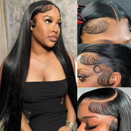 Nawpum 26 Inch 13x6 Lace Front Human Hair Wigs 180 Density Pre Plucked Straight HD Lace Wigs Huma...