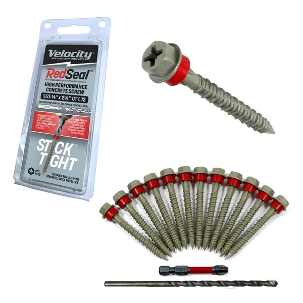 Velocity Concrete Screw Kit with RedSeal Moisture Barrier – Includes 12 High-Performance Concrete Screws, 1 Drill Bit, and 1 Driver Bit (Hex Head, Size 1/4” x 2-1/4")