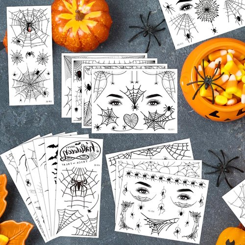 FANOST 22 Sheets Halloween Spider Face Tattoos, Halloween Spider Temporary Tattoos, Spider Web Face Tattoos Stickers, Witch Face Tattoos, Halloween Tattoos for Kids Adults, Halloween Cosplay Tattoos