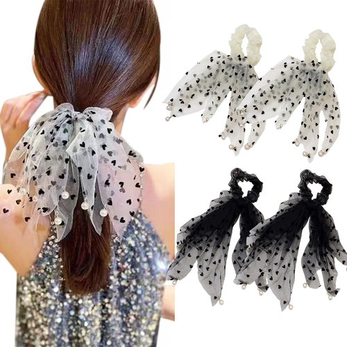 auwiyd 4 PCS Mesh Bow Love Polka Dot Ribbon Hair Tie Small Fringe Pearl Headband Scrunchies Elastic Lace Hair Bands for Women Girls Ponytail Holders Rubber Bands Accessories