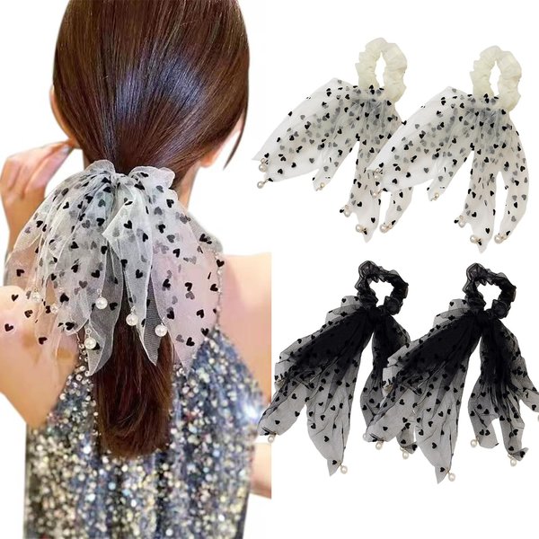 auwiyd 4 PCS Mesh Bow Love Polka Dot Ribbon Hair Tie Small Fringe Pearl Headband Scrunchies Elastic Lace Hair Bands for Women Girls Ponytail Holders Rubber Bands Accessories