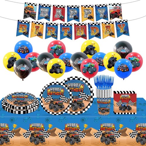 98Pcs Truck Party Supplies Truck Birthday Decorations Cartoon Truck Theme Party Tableware Set Includes Truck Paper Plates Napkins Cups Forks Tablecloth Banner and Truck Balloons for 16 Guests