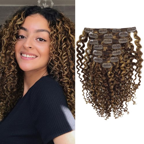 Anrosa Jerry Curly Hair Clip in Extensions Real Human Hair 3b 3c Curly Clip ins Soft Curl Double Weft Full Head for Black Women Color #4 Dark Brown Mixed with #27 Strawberry Blonde 14inch 120g 7Pcs
