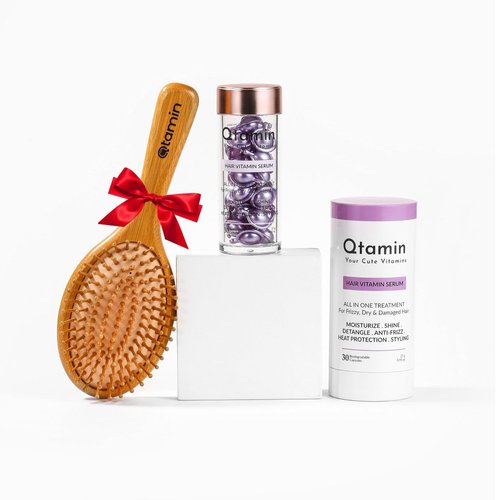 Qtamin Hair Serum Capsule+ FREE Bamboo Brush for Repair, Nourish & Tame! Keratin Treatment, Scalp Oil, Anti-Frizz, Heat Protectant, Growth Booster For Curly, Dry, Damaged & Frizzy Hair