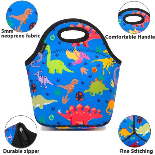 FlowFly Neoprene Kids Lunch box Insulated Soft Bag Mini Cooler Thermal Meal Tote Kit for Boys, Girls,Men,Women,School,Work, Office, Dinosaur