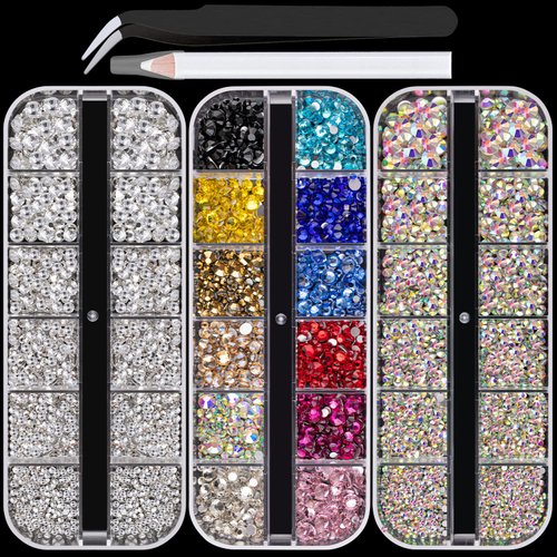 Flatback Crystals Rhinestones Kit, AB and Clear and Mixed Color Multi Size Glass Round gems with Pickup Pencil and Tweezer for DIY Nail Art Crafting Makeup