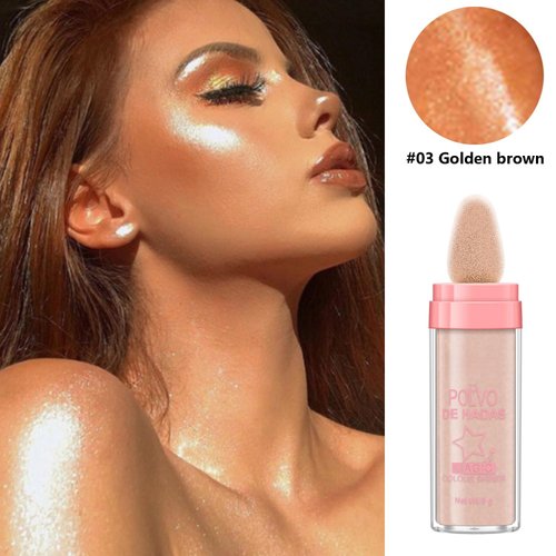 Polvo De Hadas Fairy Dust Highlight Patting Powder - Full Body Contouring and Clavicle Pearlescent Patting Powder for Face and Eye, Halloween Sparkling Body Glitter Powder (#03 Golden brown)