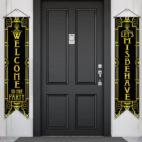 Roaring 20s Party Decorations New Year Porch Signs Black and Gold Banner 1920s Party Door Sign Hanging Banner Party Decorations Door Decors Backdrop 1920s Party Speakeasy Decorations Supplies