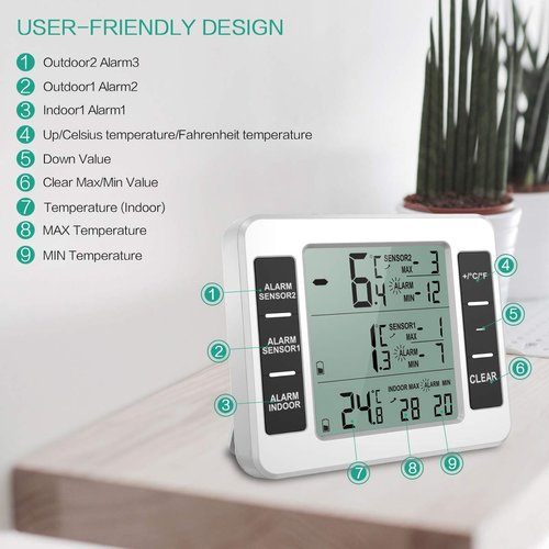 JXTZ Refrigerator Thermometer, Freezer Thermometer with Alarm, Fridge Thermometer Digital with 2 Sensors, Wireless Indoor Outdoor Thermometer with Temperature Alarm, Min/Max, Temperature Trend Display