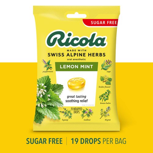 Ricola Sugar Free Lemon Mint Herbal Cough Suppressant Throat Drops, 19ct Bag