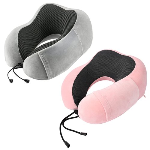 urnexttour Neck Pillow Airplane-2 Pack Memory Foam Travel Pillow, Soft & Support Travel Neck Pillow for Travelling, Sleeping Rest, Car, Train and Home Use (Grey&Pink)