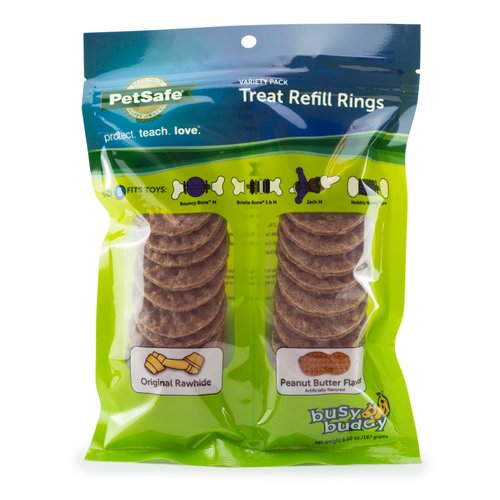 PetSafe Rawhide Busy Buddy Dog Treat Ring Refills (24 Treat Refills) Peanut Butter Dog Treats Rawhide Material, Original Rawhide Flavor, Resealable Bag Feature, Treat Rings for Dogs, Size B Dog Rings