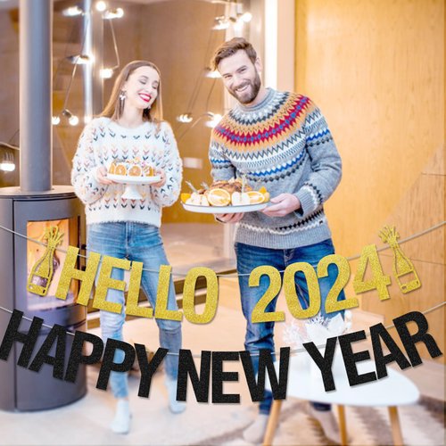 Black And Gold Hello 2024 Happy New Year Banner New Years Eve Party Supplies 2024 Happy New Year Decorations 2024 Happy New Years Eve Party Decorations