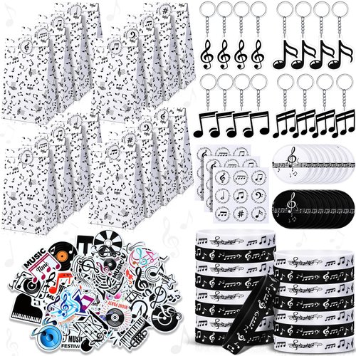 Geelin 141 Pcs Music Party Favors with Music Notes Silicone Bracelets, Musical Note Keychains, Music Stickers, Pin Badges and Paper Gift Bags for Music Theme Party Decorations Supplies