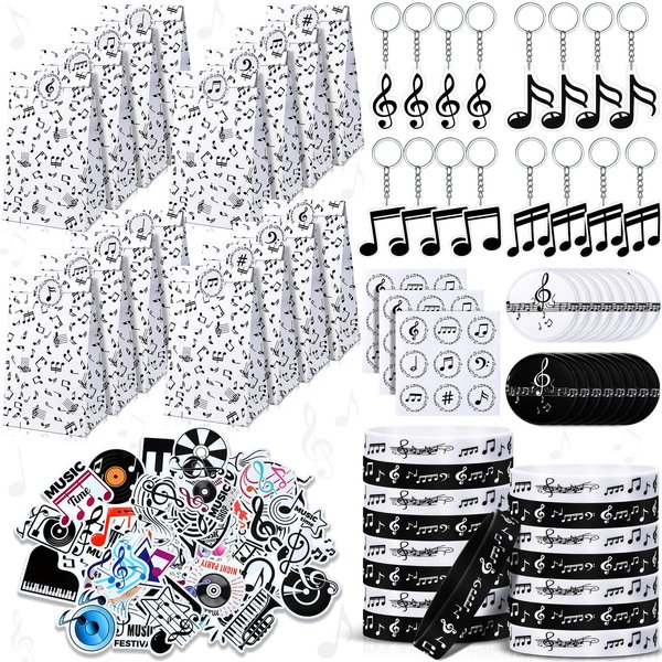 Geelin 141 Pcs Music Party Favors with Music Notes Silicone Bracelets, Musical Note Keychains, Music Stickers, Pin Badges and Paper Gift Bags for Music Theme Party Decorations Supplies