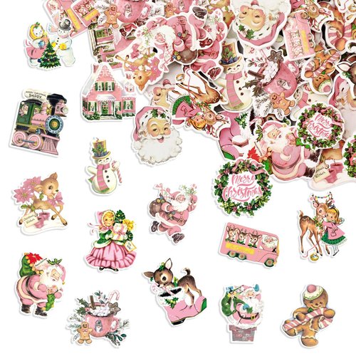 JarThenaAMCS Christmas Vintage Foam Stickers Pink Retro Xmas Santa Snowman Self-Adhesive Stickers Decals for DIY Art Craft Christmas Holiday Party Supplies, 300Pcs