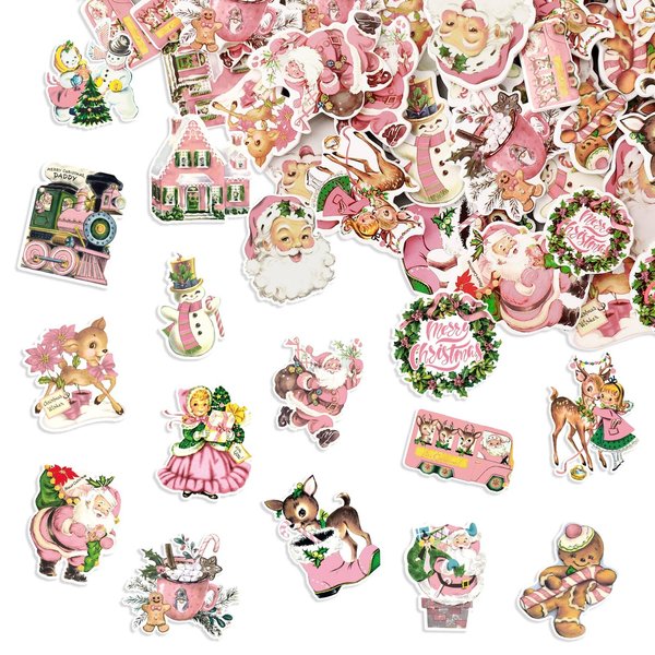 JarThenaAMCS Christmas Vintage Foam Stickers Pink Retro Xmas Santa Snowman Self-Adhesive Stickers Decals for DIY Art Craft Christmas Holiday Party Supplies, 300Pcs
