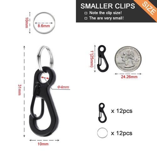 CooBigo 12 Sets Tiny Carabiner Clip Metal Small Spring Snap Hooks 1 inch Mini Paracord Hanging Clips for Camera Strap, Flashlight, Key Chain