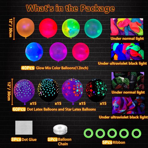 109 Pack UV Neon Balloons Light Up Balloons Glow in The Dark Balloons Blacklight Reactive Polka Dot Latex Balloons Black Lights Reactive Fluorescent Stars Balloons Neon Party Supplies Glow Party Decor
