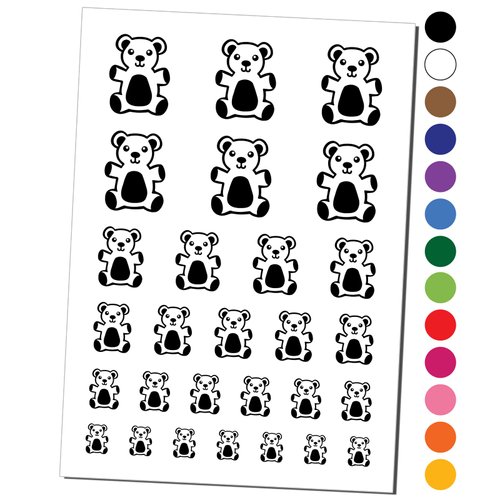 Cuddly Teddy Bear Temporary Tattoo Water Resistant Fake Body Art Set Collection - Black (One Sheet)